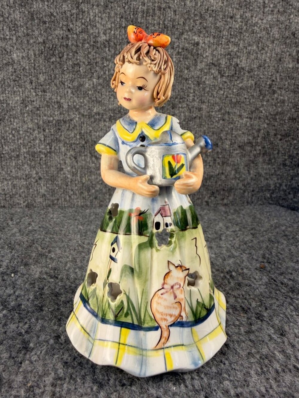 Vintage Hand Painted Ceramic Girl Figurine Tea Light Holder Luminary